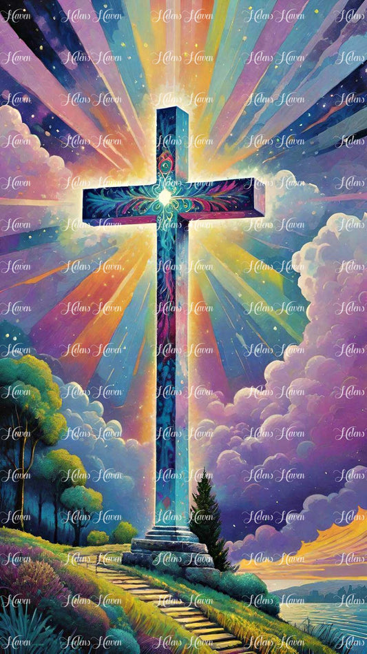 Standing tall and unwavering, the Cross of Salvation rises against a backdrop of radiant light, symbolizing hope and eternal life