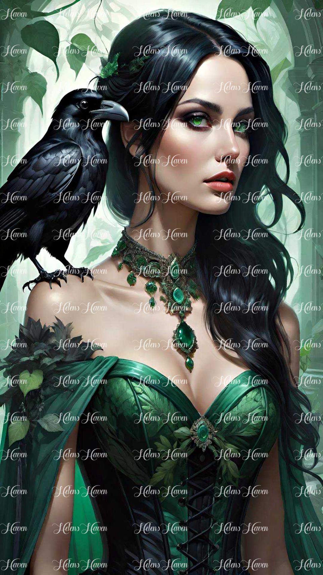 A raven goddess stands regally, adorned in a flowing emerald gown that shimmers with each movement.