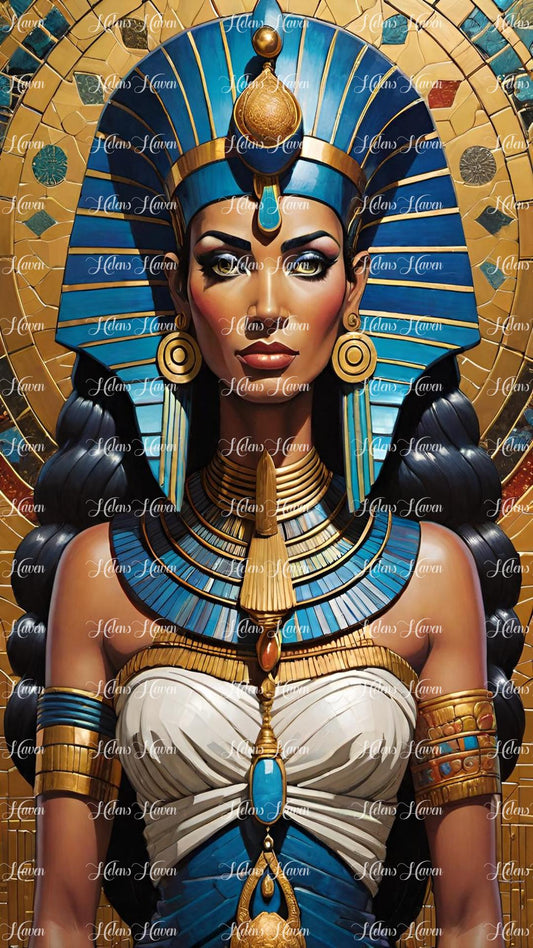 Cleopatra, the stunning Egyptian queen, stands adorned in all her finery, radiating regal elegance and power. 