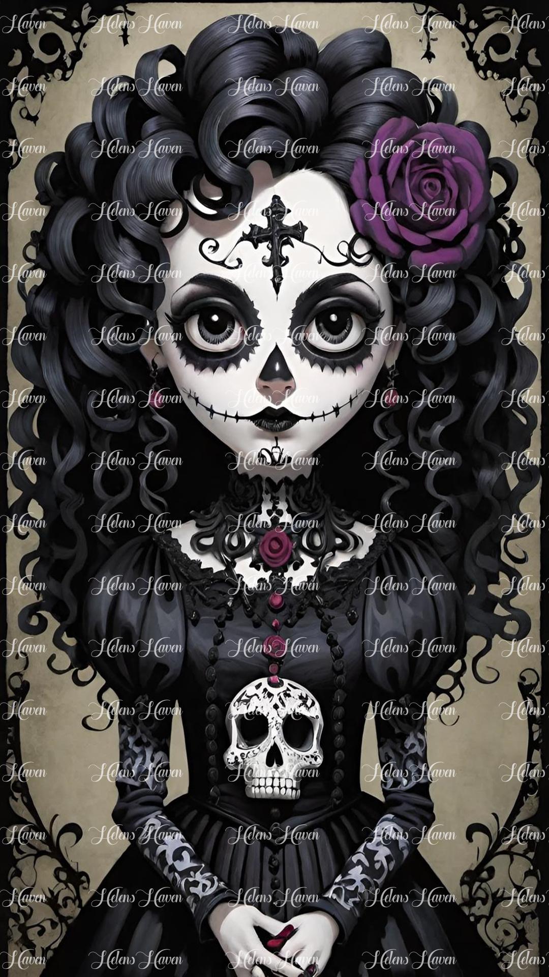 A girl dressed in elegant black attire adorned with intricate lace and velvet details, celebrates the Day of the Dead with reverence and style.