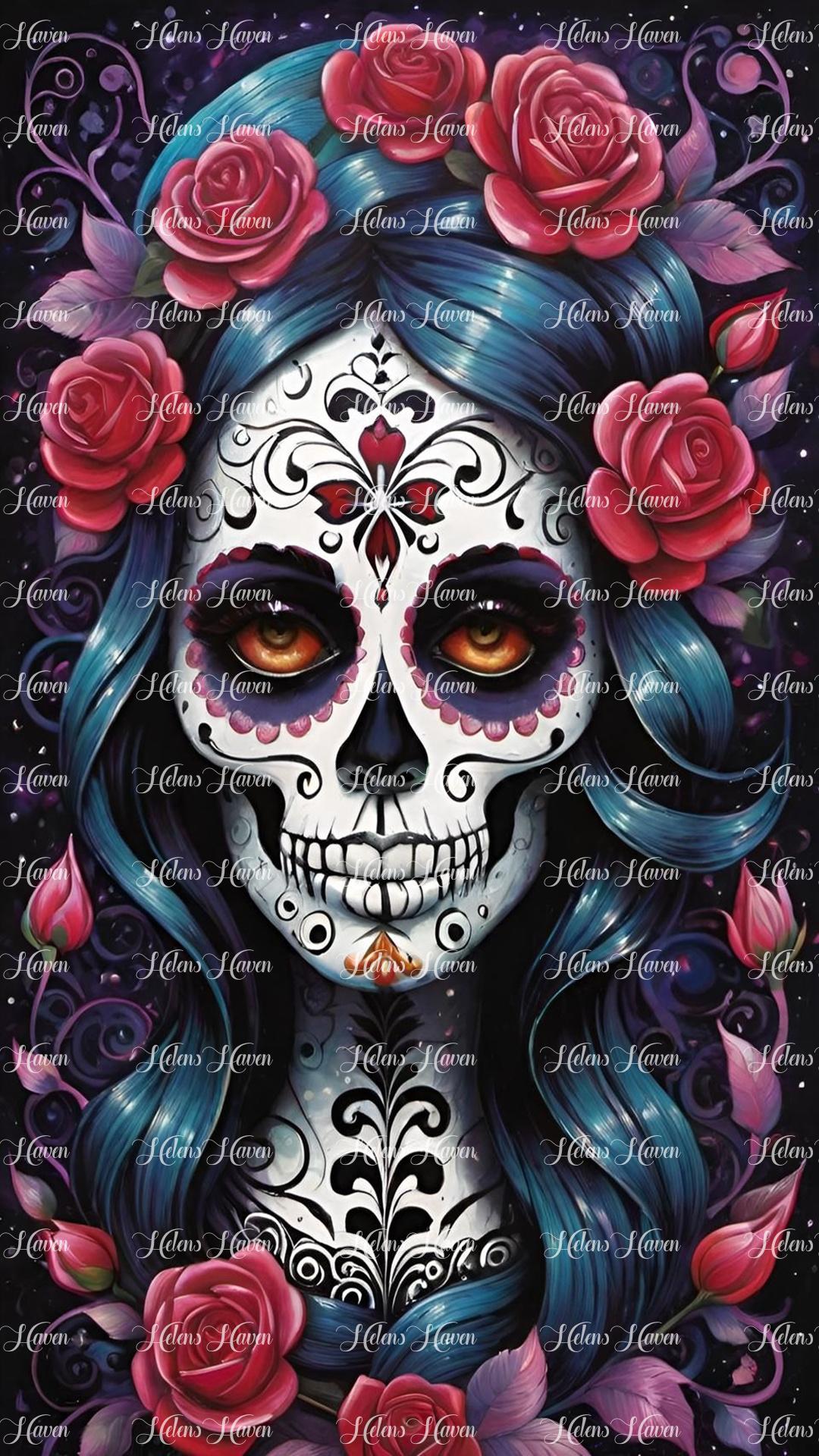 In the vibrant festivities of the Day of the Dead, a woman adorned as a sugar skull embodies the colorful traditions with grace.