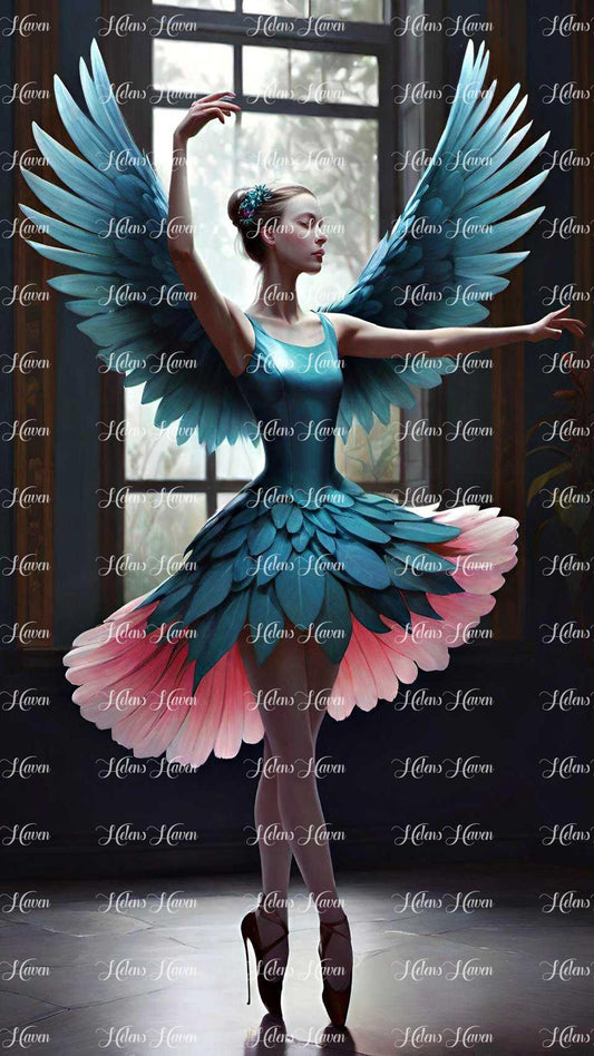 The ballerina, adorned with wings resembling those of a delicate bluebird, dances with effortless grace and ethereal beauty.