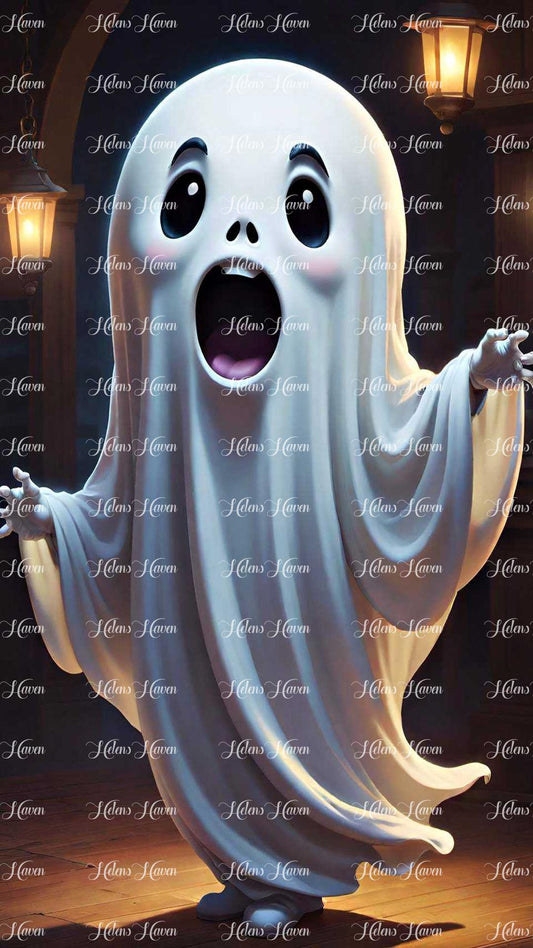 A screaming white ghost hovers in the moonlit darkness, its form ethereal and haunting. 