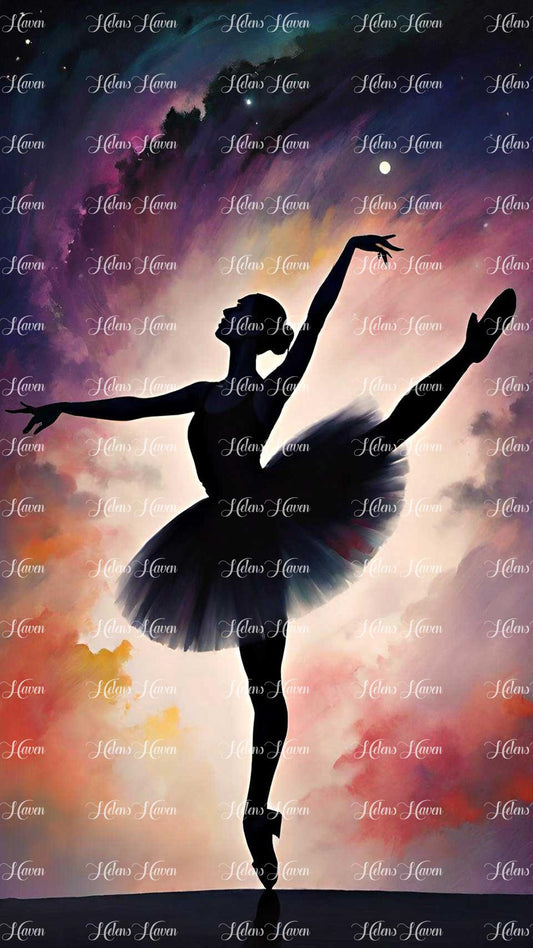 Against the backdrop of a swirling galaxy, the silhouette of a ballerina pirouettes gracefully, her form outlined against the vast expanse of stars and cosmic dust. 