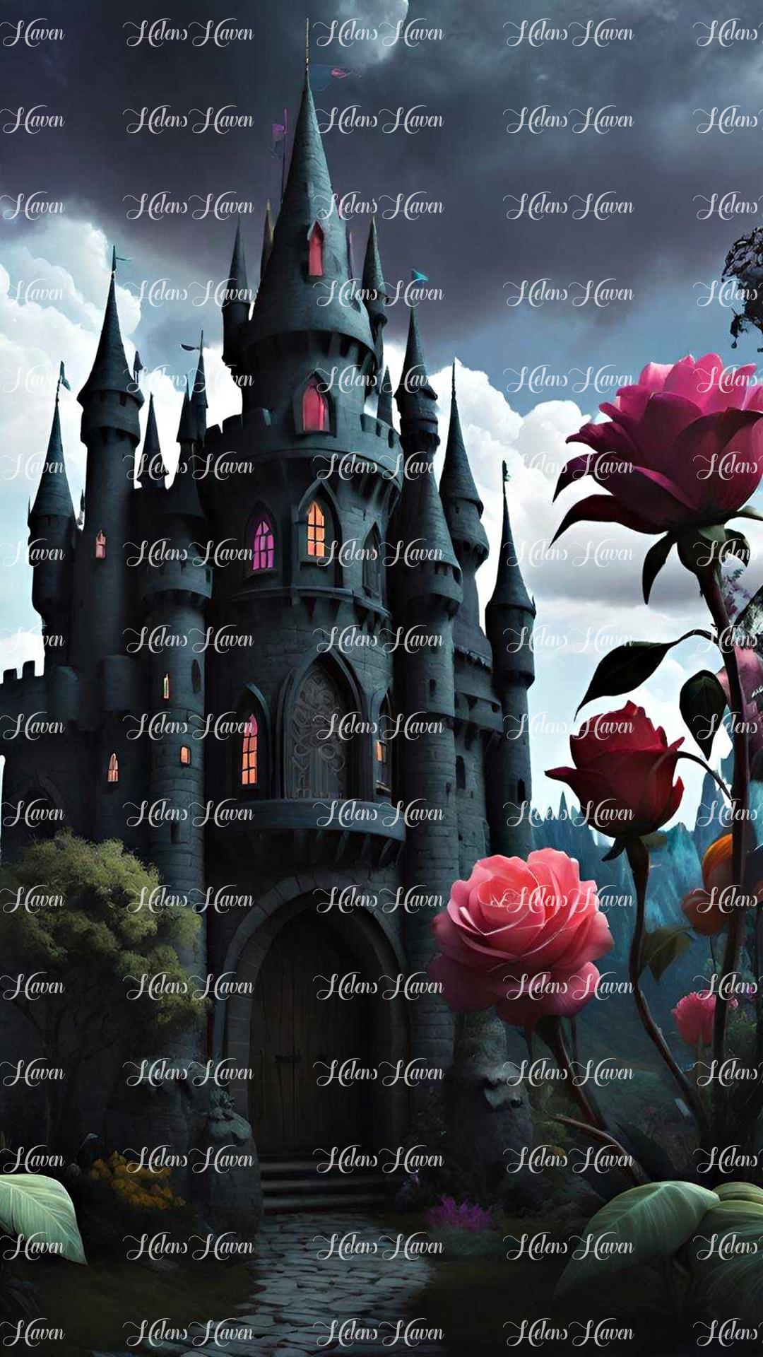 In the heart of a shadowy landscape, looms a dark castle adorned with crimson roses.