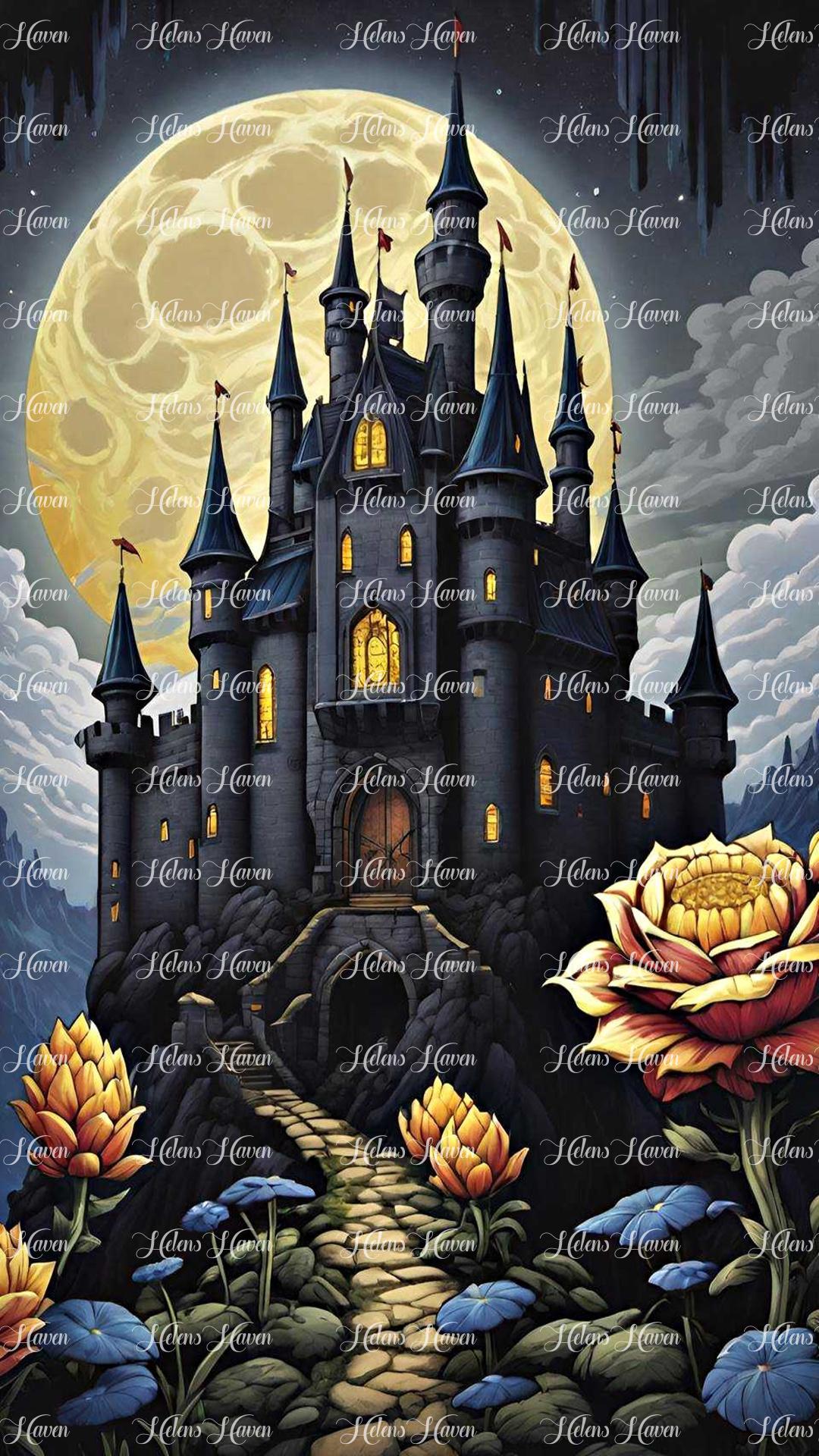 In a desolate landscape, stands a dark castle surrounded by yellow roses. 