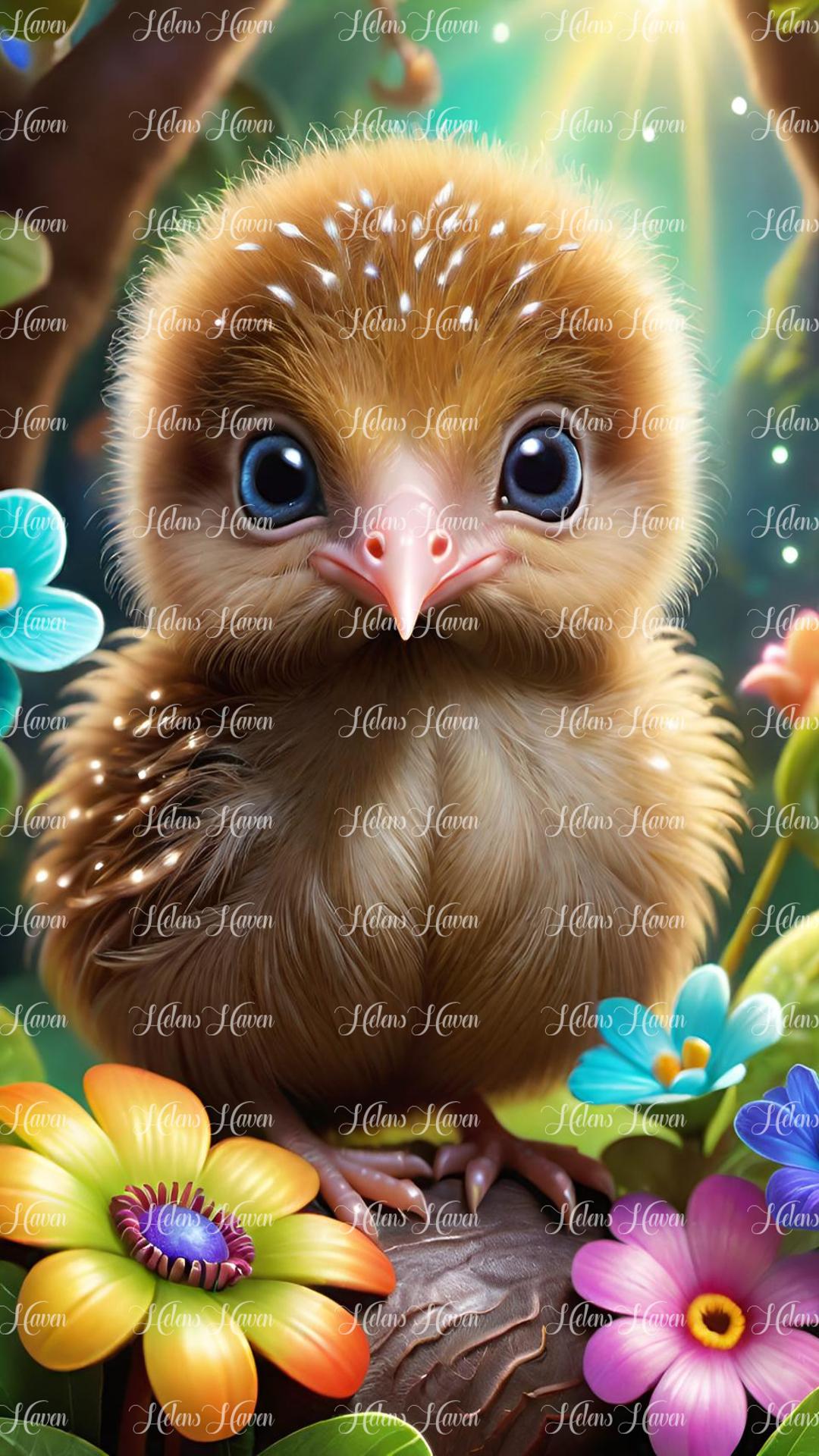 Cute baby kiwi in flowers