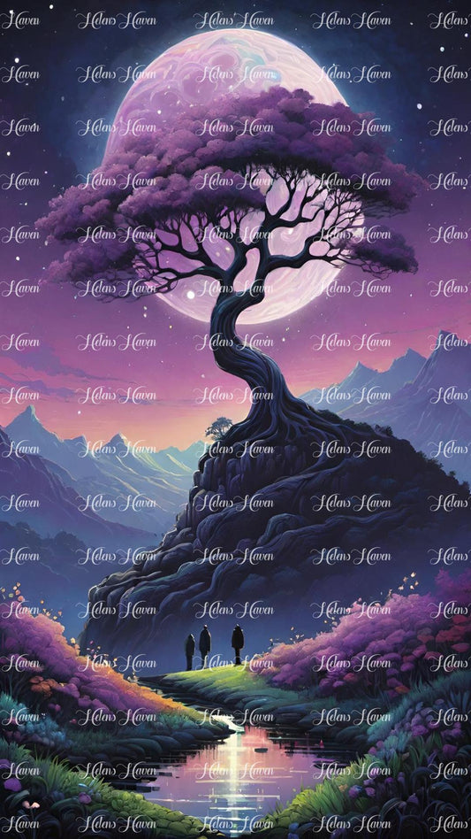 In a mystical landscape, a single purple tree stands tall and majestic, its branches reaching towards the shimmering glow of a purple full moon.