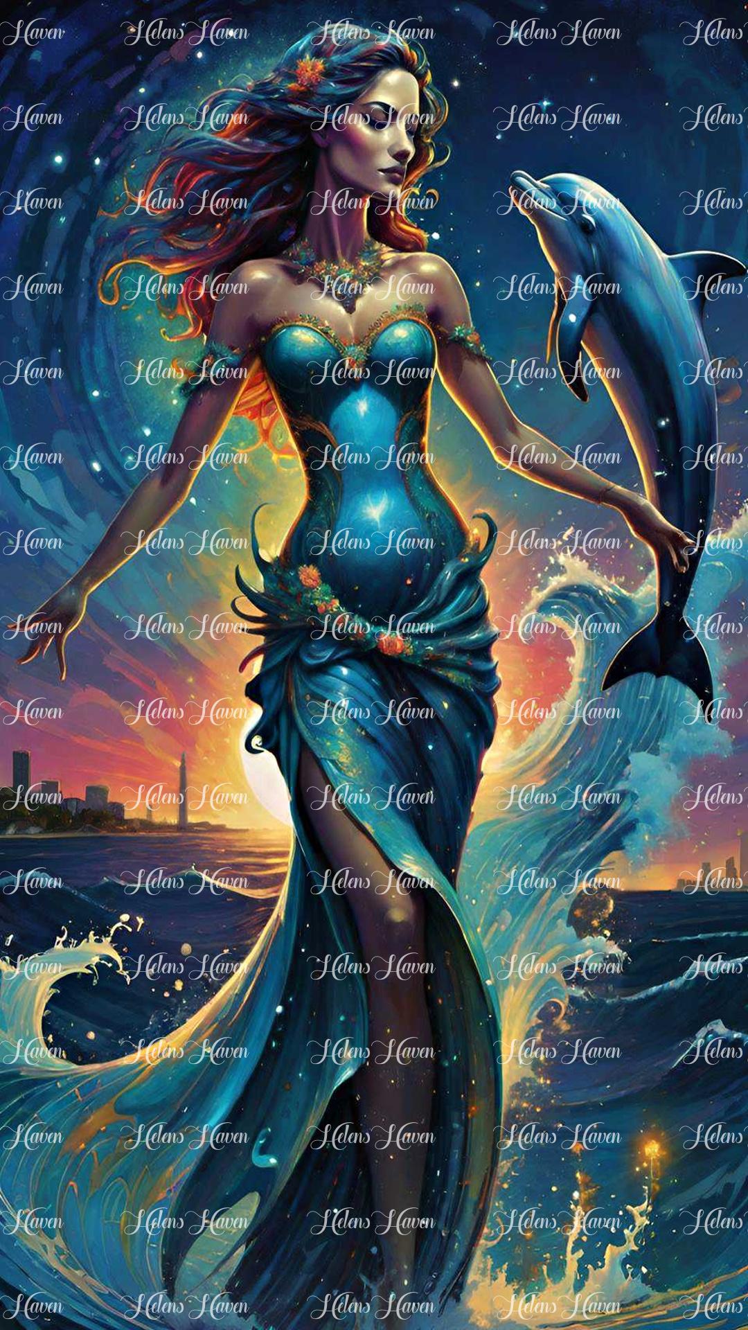 Emerging from the depths of the ocean, a mermaid rises gracefully, her iridescent scales shimmering under the light of a starry sky.