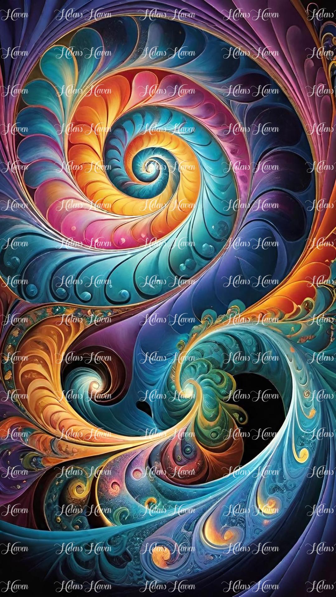 Abstract colorful swirls dance across the canvas, their vibrant hues blending and intertwining in a mesmerizing display of movement and energy.