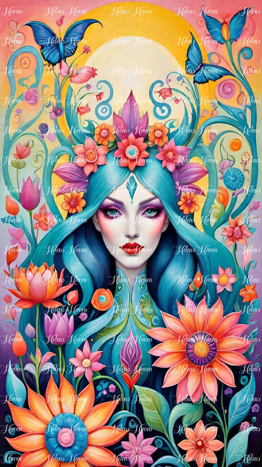 Amid a vibrant garden, a floral woman stands surrounded by a profusion of colorful flowers and fluttering butterflies