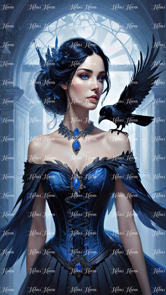 In a stunning gown of sapphire, the raven princess stands with regal poise, her attire shimmering like the depths of the night sky