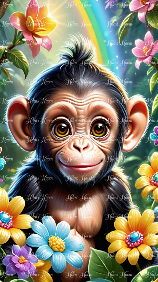 Cute baby chimp in flowers