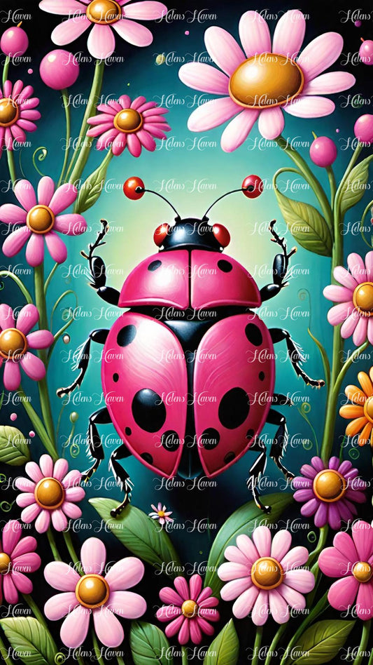 A cute pink ladybug with delicate, rosy wings adorned with tiny black spots. 