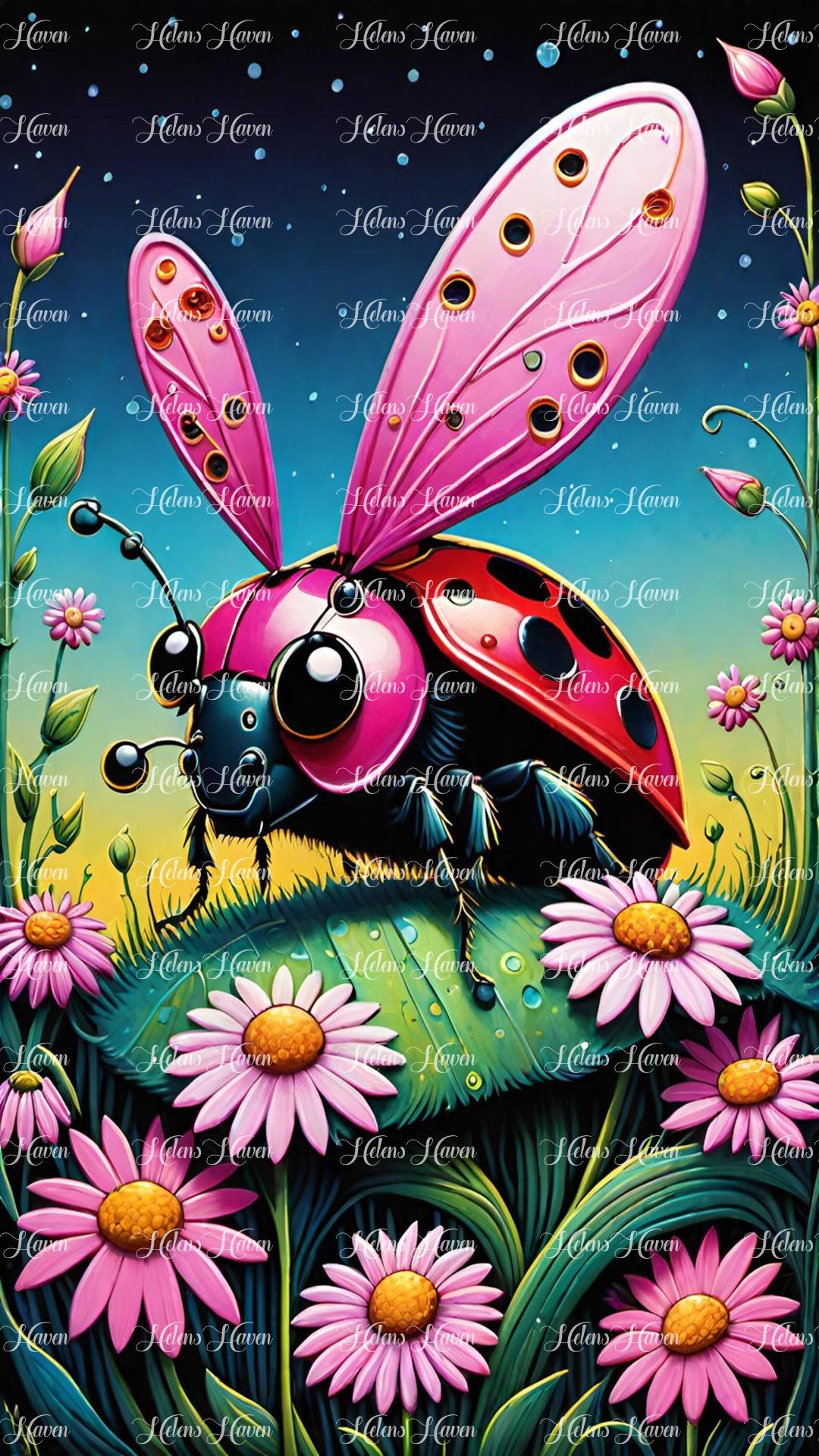 A cute pink ladybug with its wings spread wide, ready for flight.