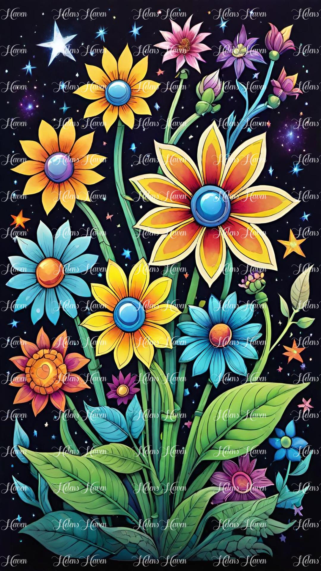 An array of glowing flowers casts a magical glow against the backdrop of a dark, starry night.