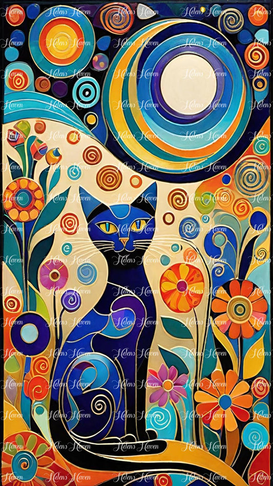 In an abstract composition, a black cat stands out starkly against a backdrop of swirling, vibrant color bombs created by a whimsical artist.