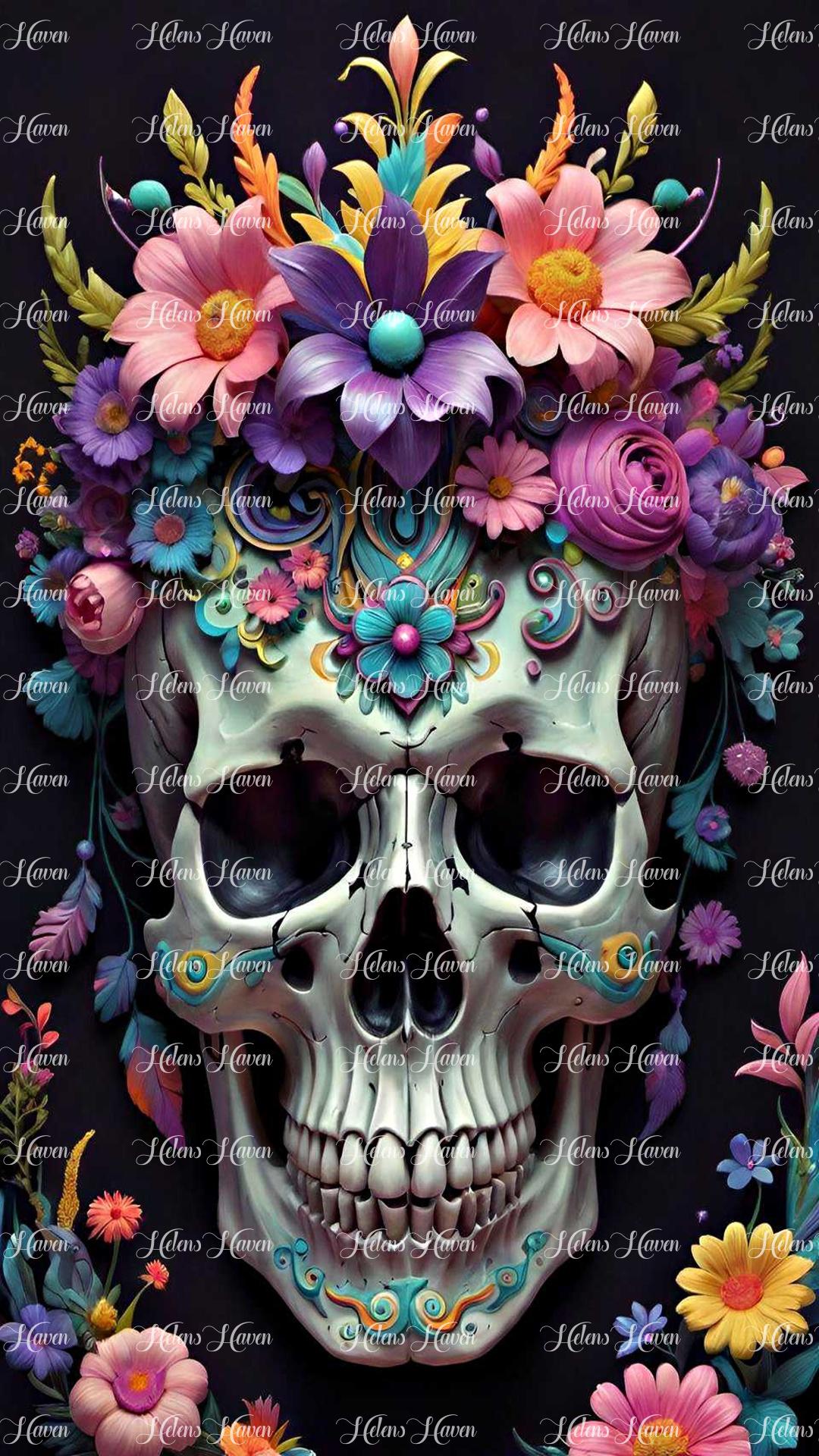 A skull adorned with vibrant flowers, where delicate petals and blossoms intertwine with the stark, bony structure.