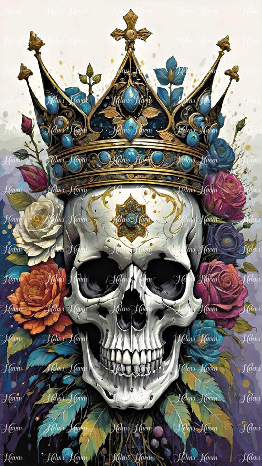 A skull adorned with a regal gold crown, its intricate design gleaming with ornate details fit for royalty.