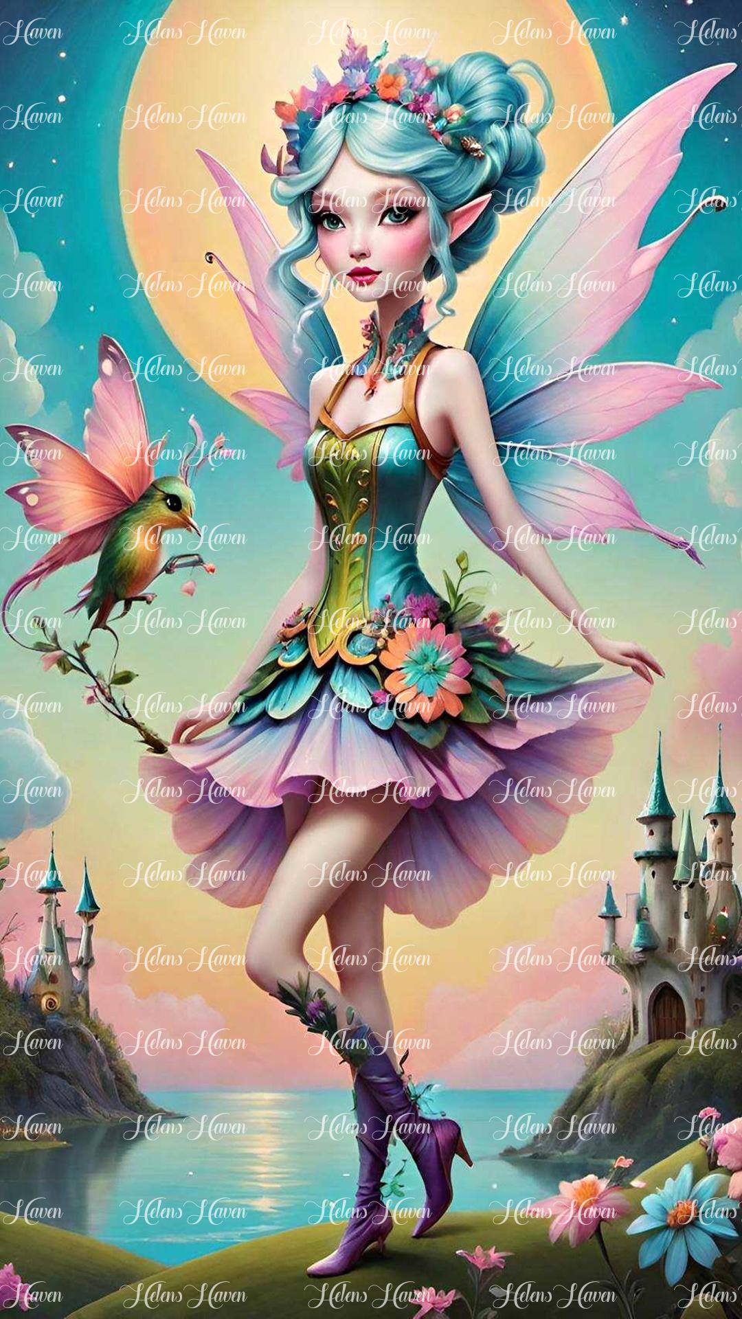 In an enchanting land, fairies flutter gracefully amidst a landscape of whimsical beauty.