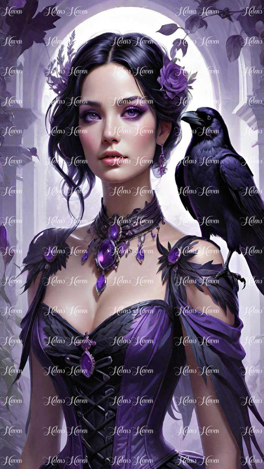 A majestic purple raven goddess, draped in robes of deep violet and adorned with regal jewelry that glimmers with amethyst hues.