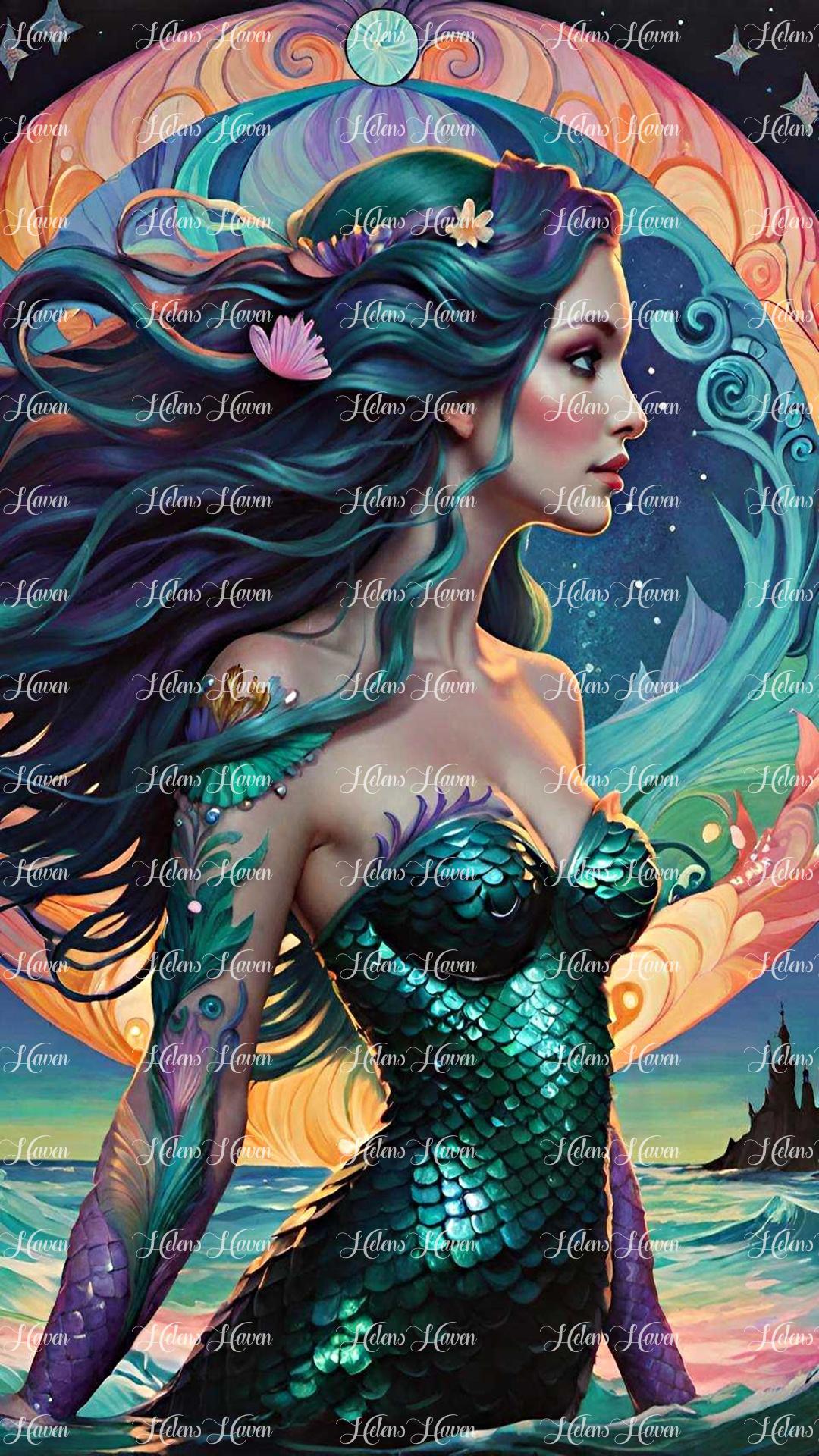 Emerging from the depths of the ocean, a mermaid siren rises gracefully, her iridescent scales shimmering under the enchanting glow of a full moon reflected on the water's surface.