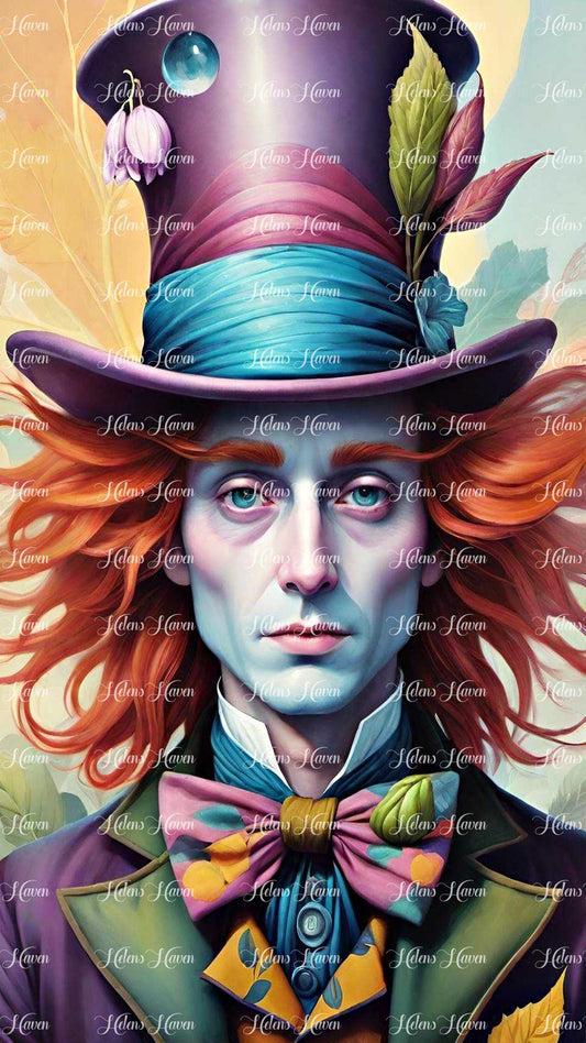 A stern-faced Mad Hatter, his usually whimsical demeanor replaced with a solemn expression