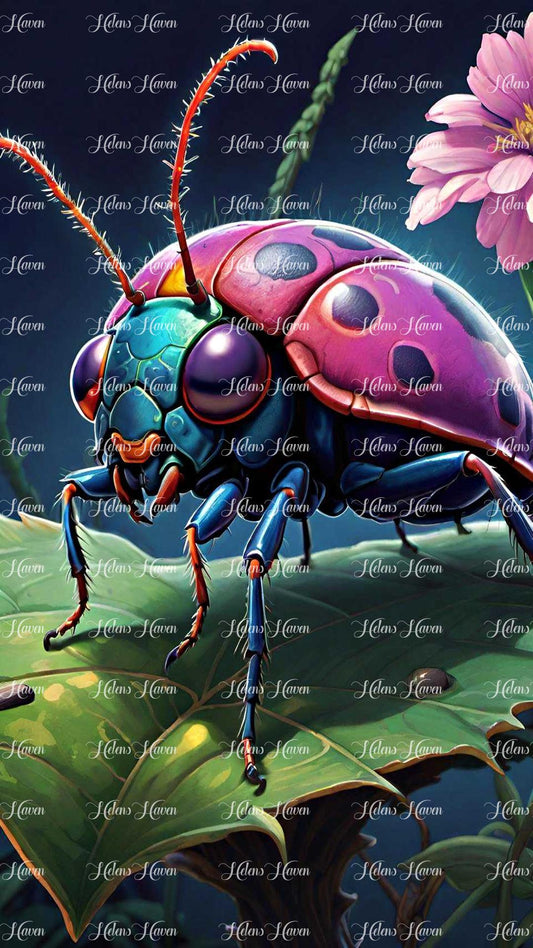 A close-up of a purple ladybug reveals its small, rounded body adorned with vivid purple hues that shimmer in the light.