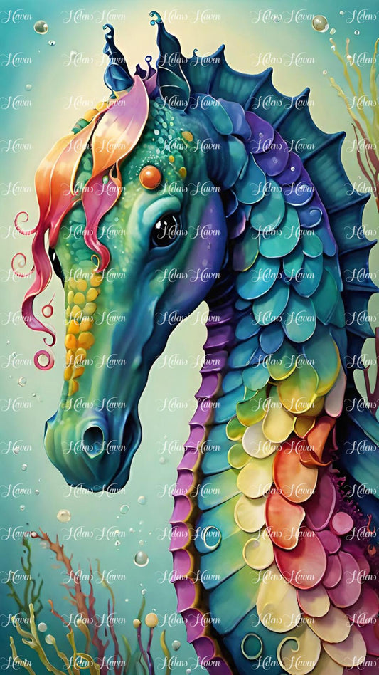 In a close-up view, imagine a seahorse adorned with colors of the rainbow, its slender body shimmering with iridescent hues.