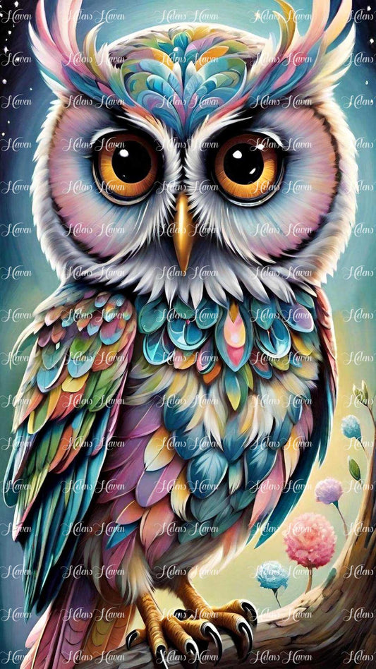 An owl perched gracefully in a tree, its majestic form adorned with opalescent wings that shimmer with a pearlescent glow.