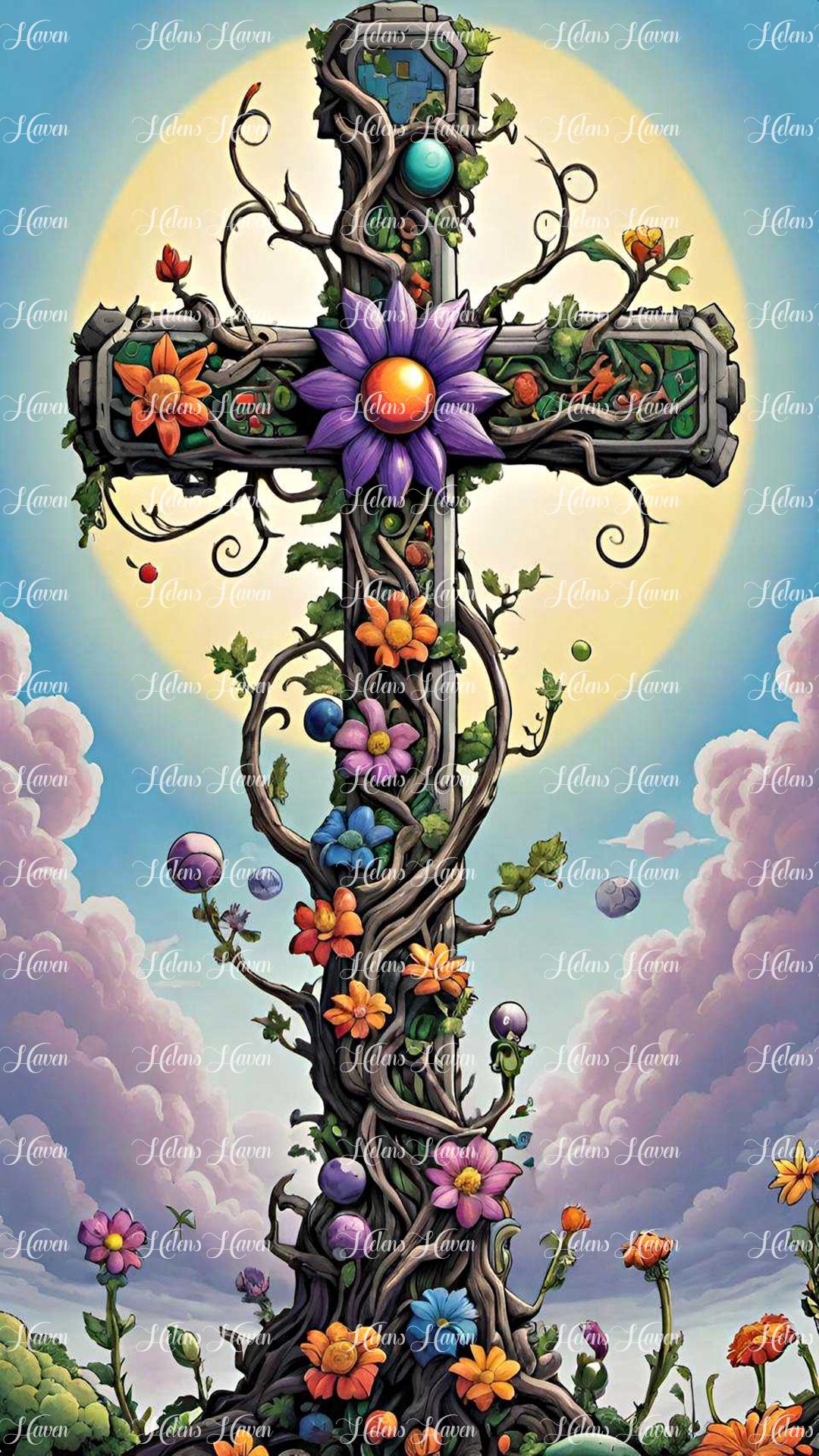 A cross adorned with intricate vines and vibrant flowers, its silhouette standing boldly against the backdrop of the setting sun.