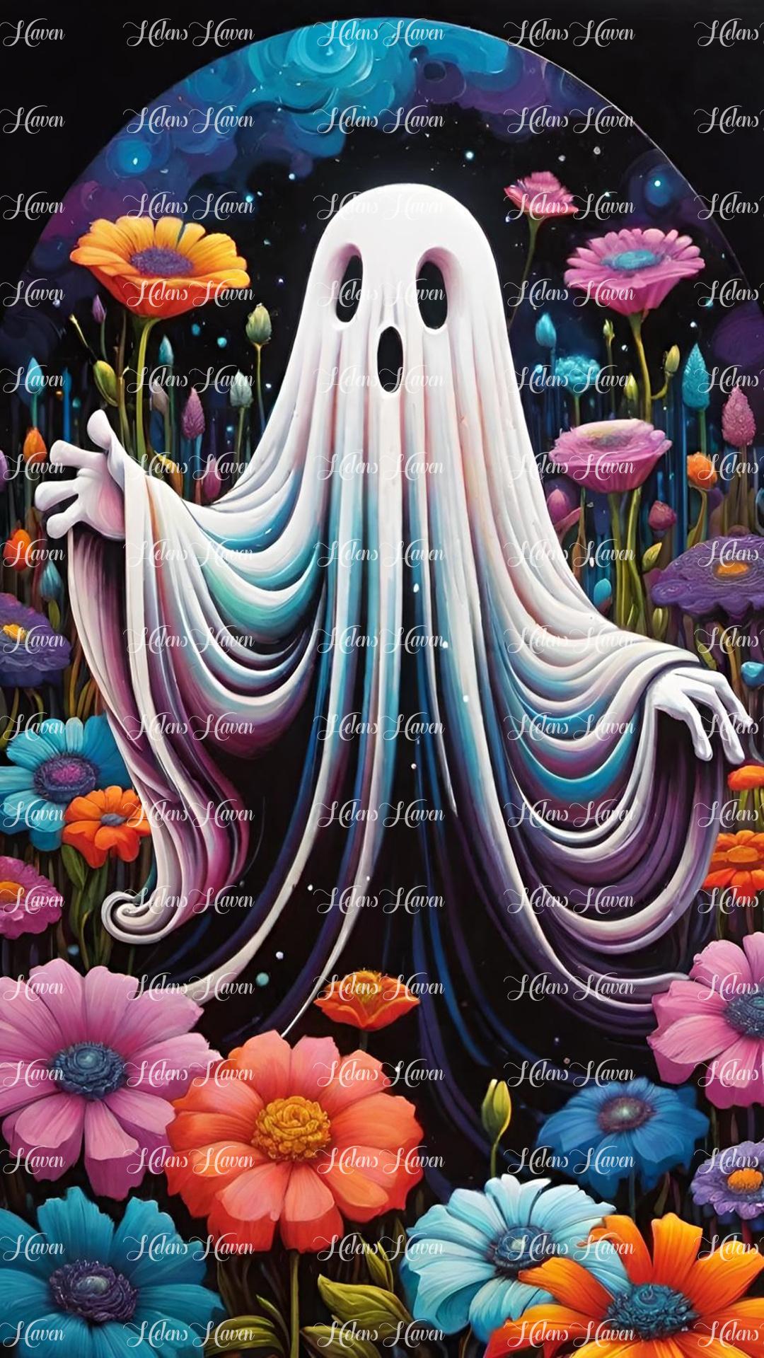 A spooky ghost floats ethereally, its translucent form contrasting eerily against the colorful blooms.