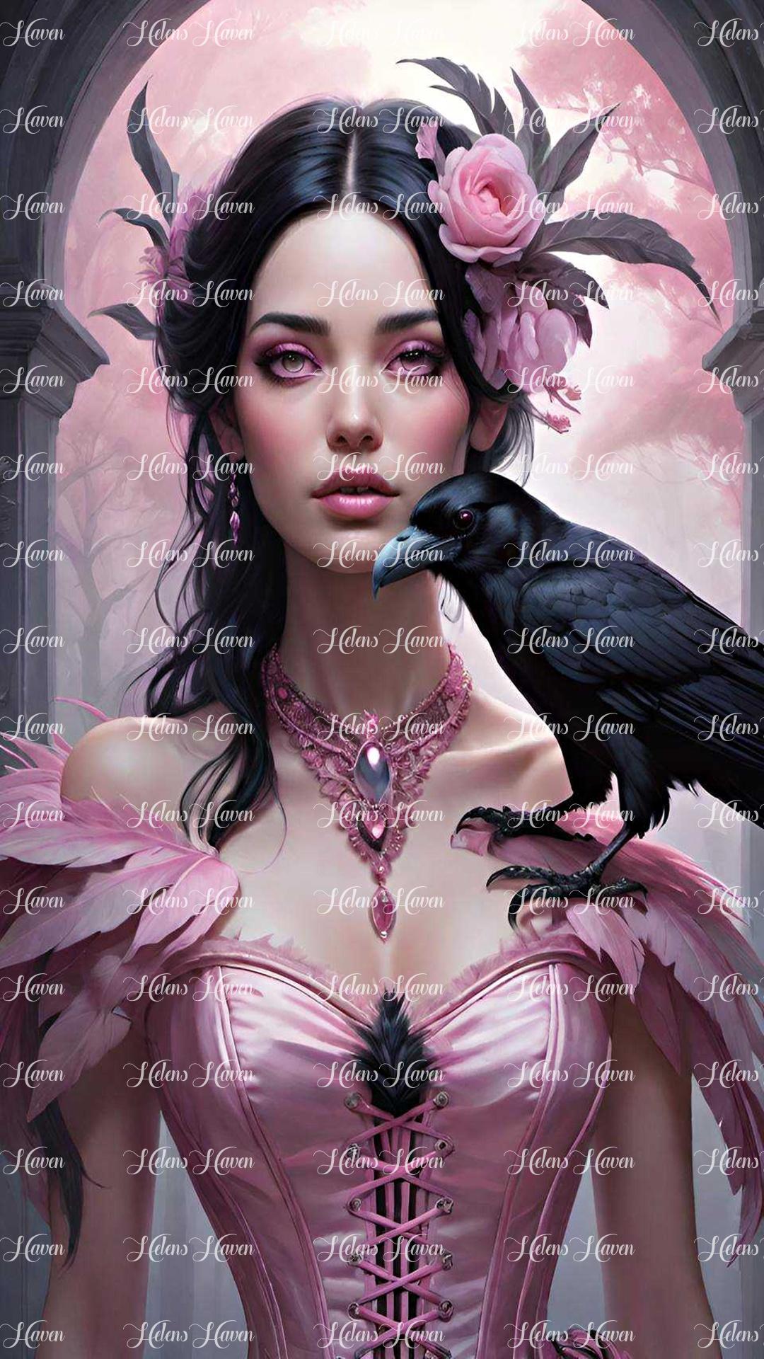 Adorned in delicate shades of pink, the princess stands gracefully with her pet raven perched regally on her shoulder. 