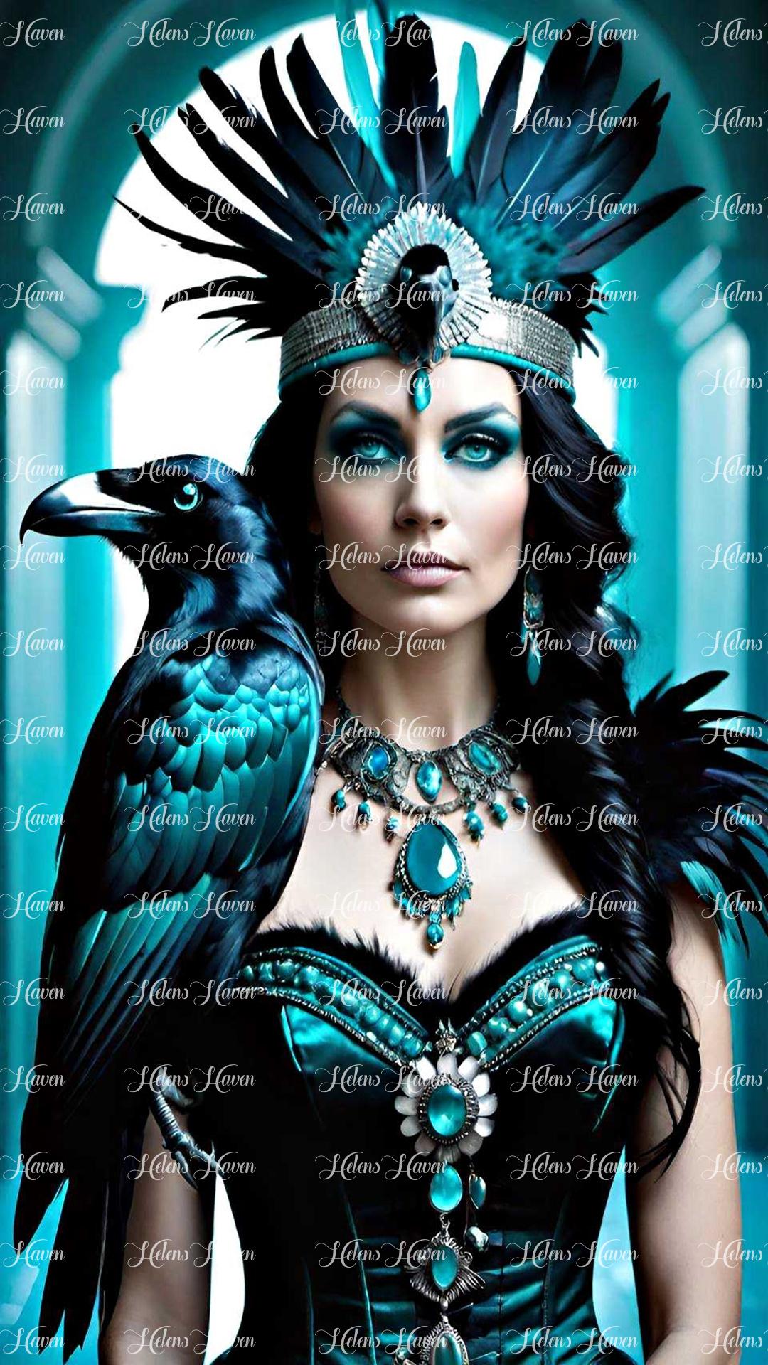 A turquoise raven princess adorned in flowing robes that mimic the hues of the ocean depths. 