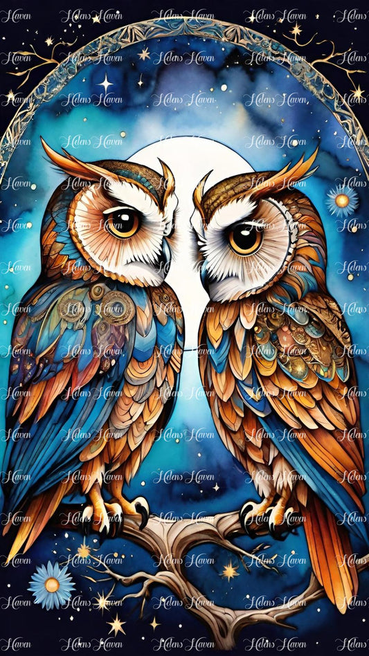 A pair of owls perches solemnly on a sturdy branch, silhouetted against the backdrop of a starry night sky and a luminous full moon.