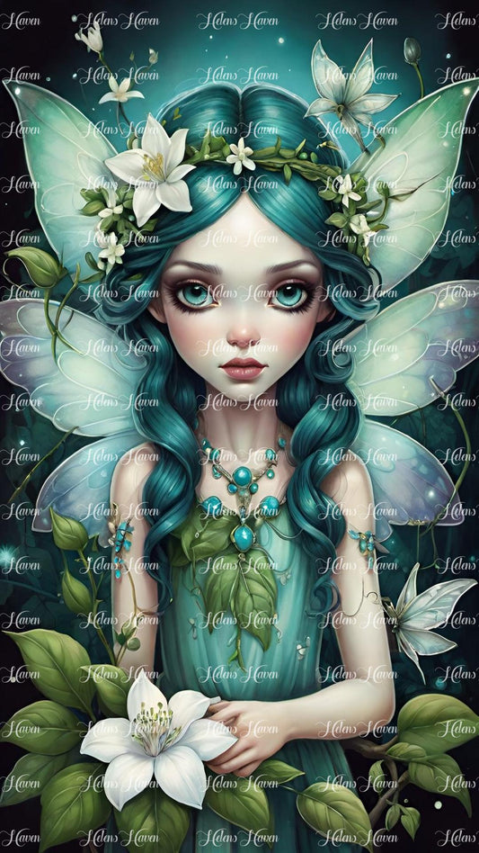 Gabi, the garden fairy, flutters gracefully through her enchanted realm under the teal moonlight