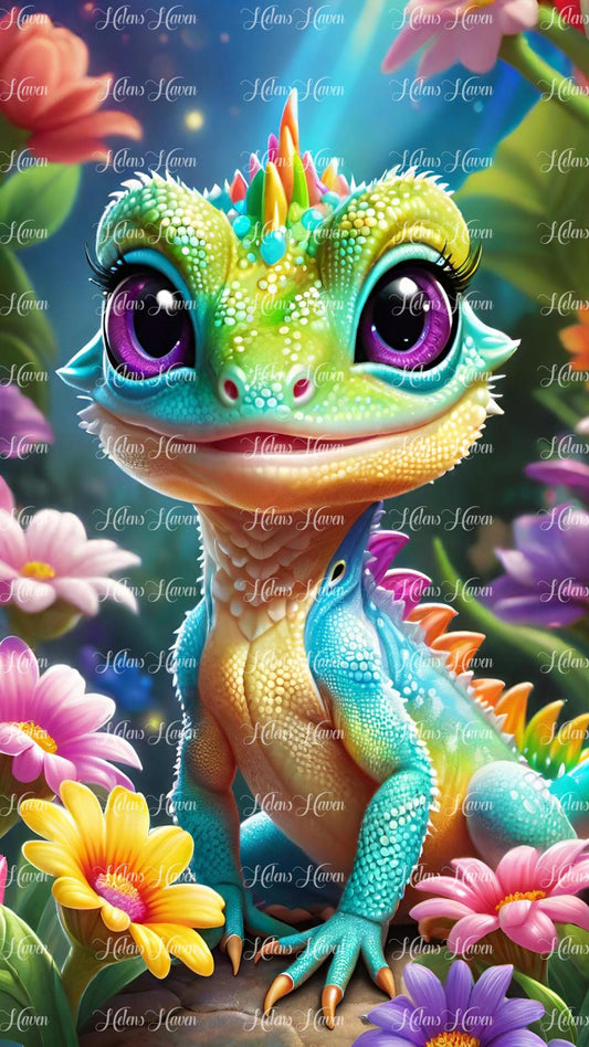 Cute baby green lizard in flowers