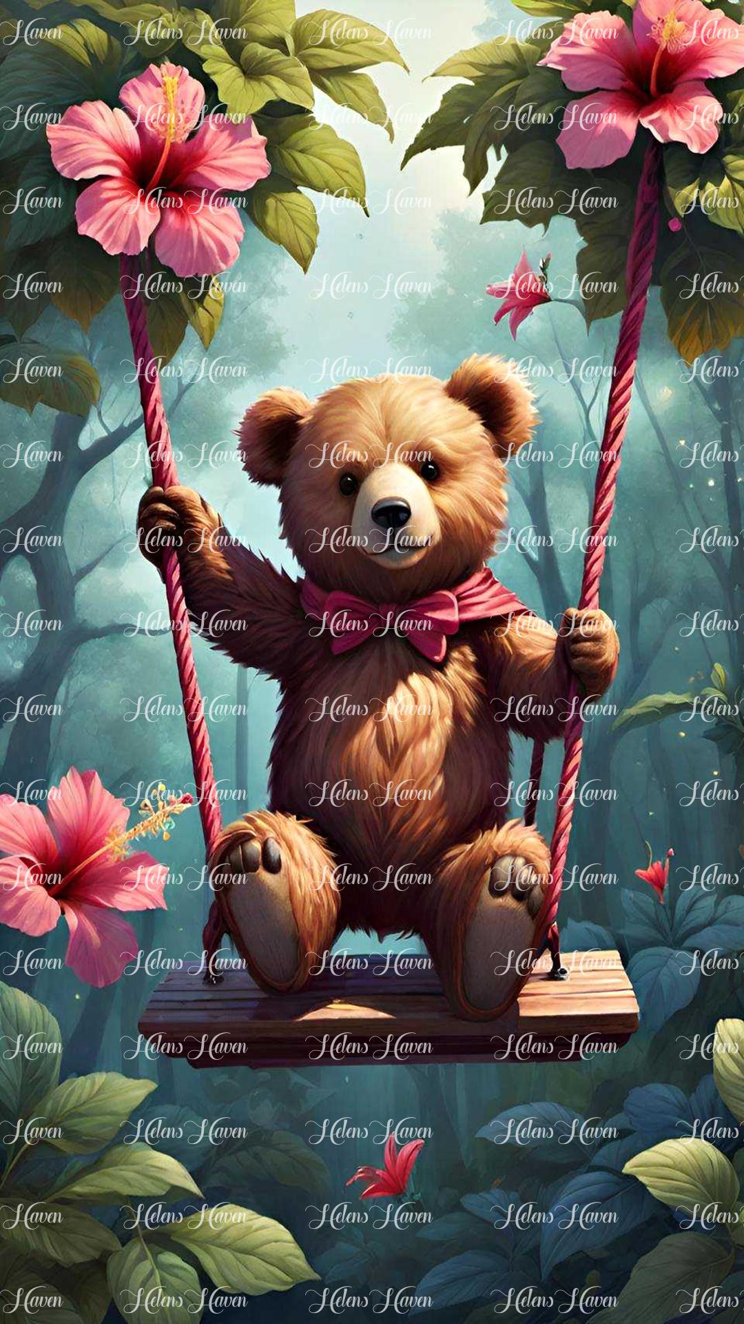 In a whimsical forest setting, a teddy bear swings gently from a sturdy branch, its fluffy form contrasting with the verdant greenery around it