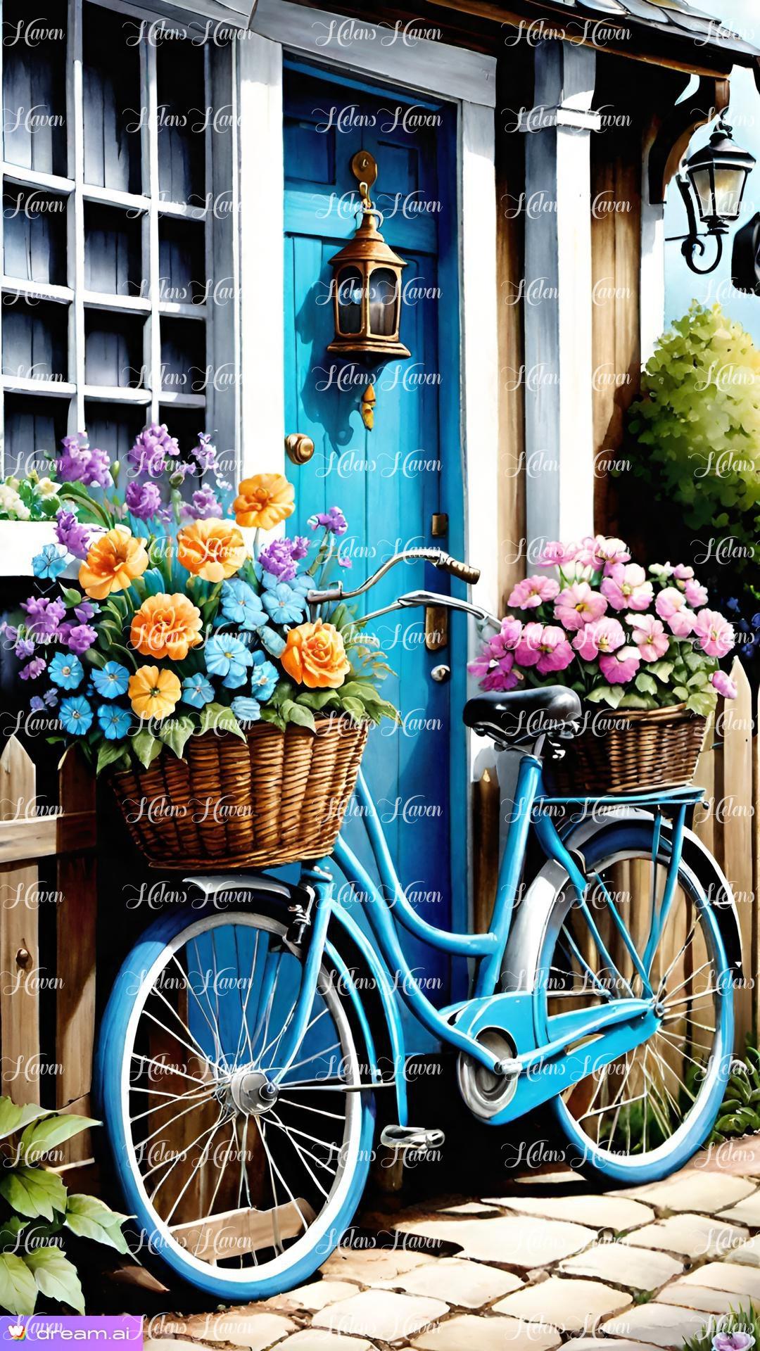 A blue bicycle with a basket filled with an array of pretty flowers leans casually against the front door of a quaint cottage. 