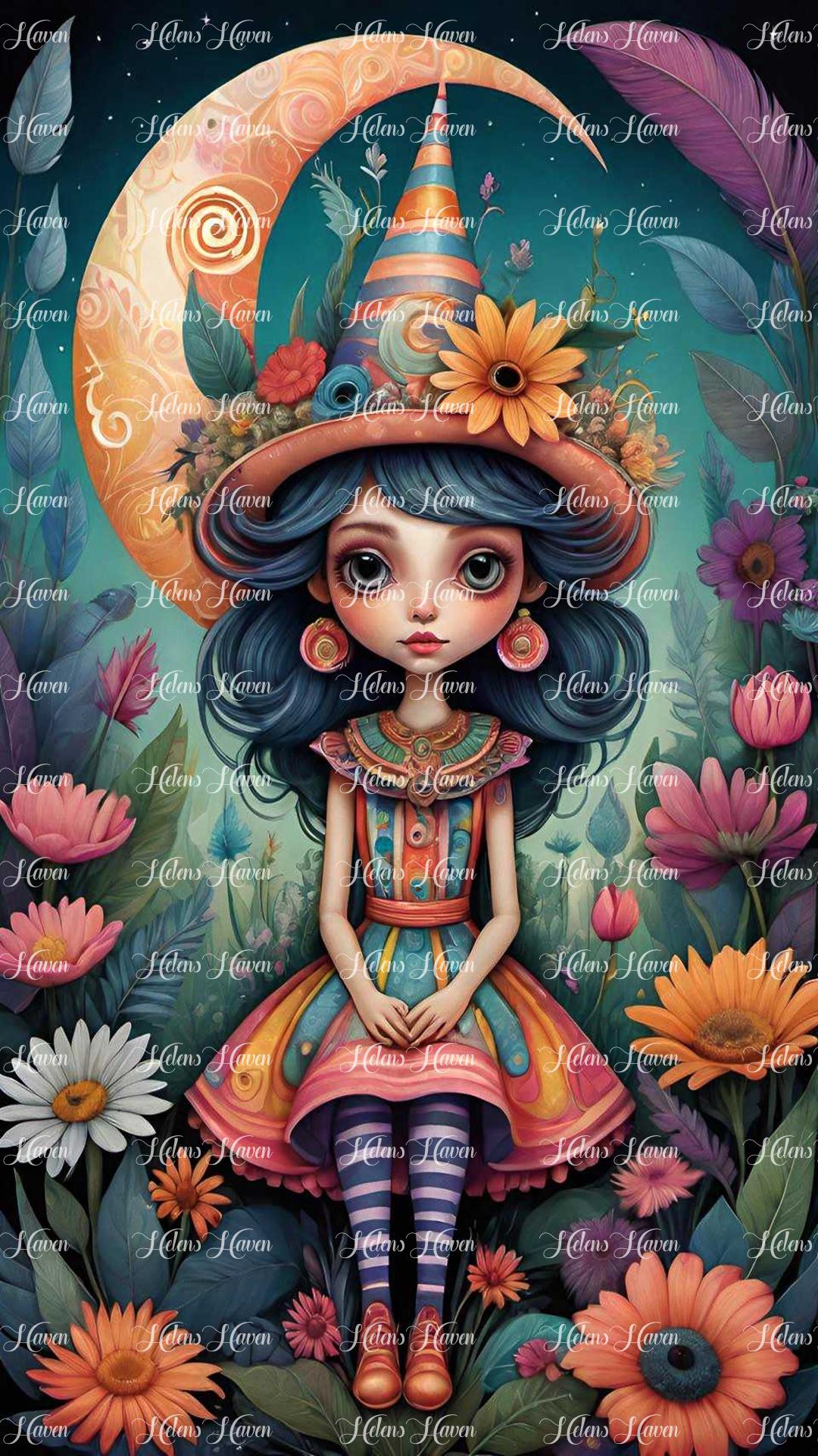 In a whimsical garden, Wanda the friendly witch sits serenely amidst a tapestry of vibrant flowers and twisting vines.