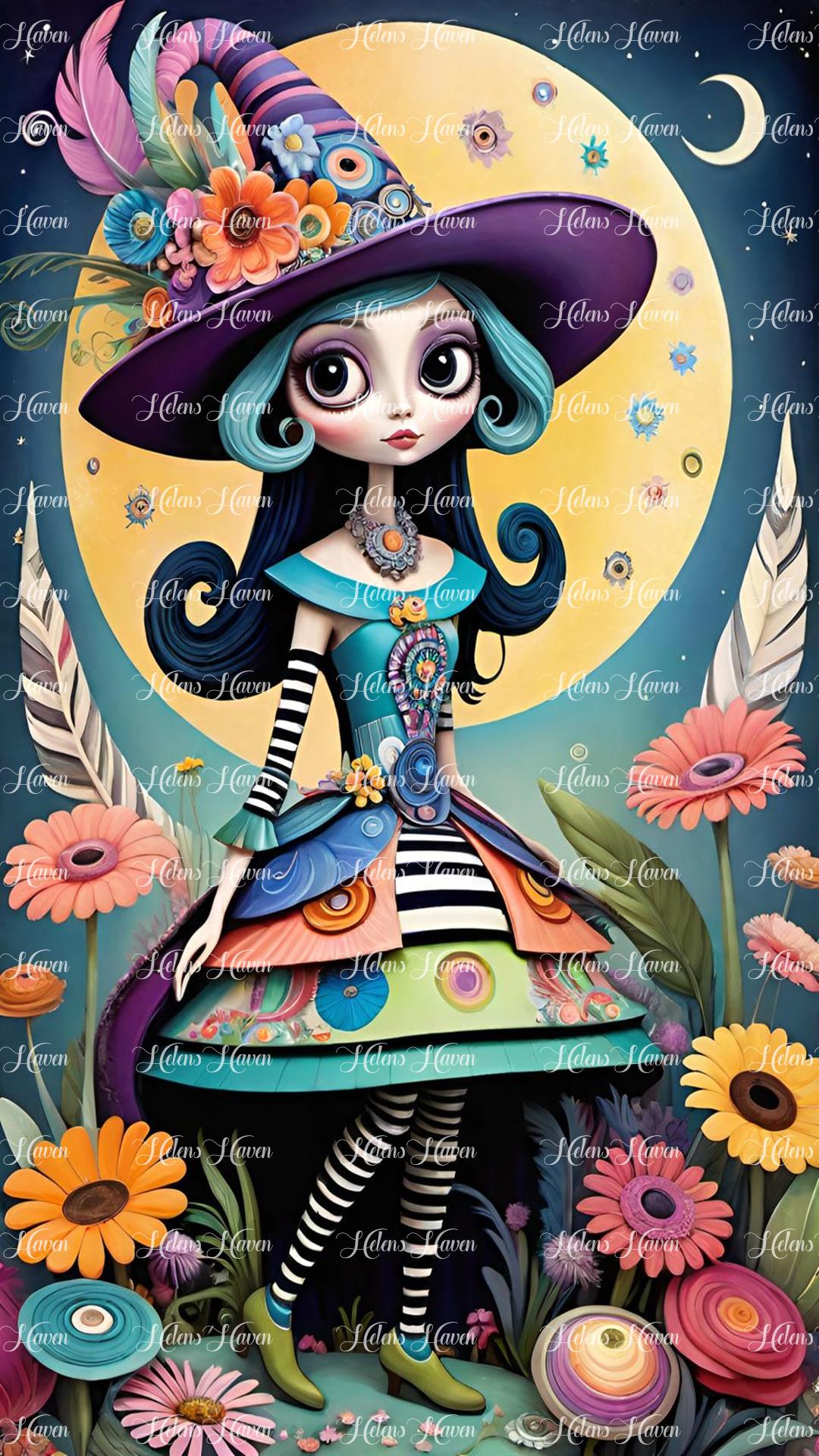 In a whimsical scene, a lovely witch girl with flowing robes adorned in a riot of colors and patterns stands with a big floppy hat atop her head.