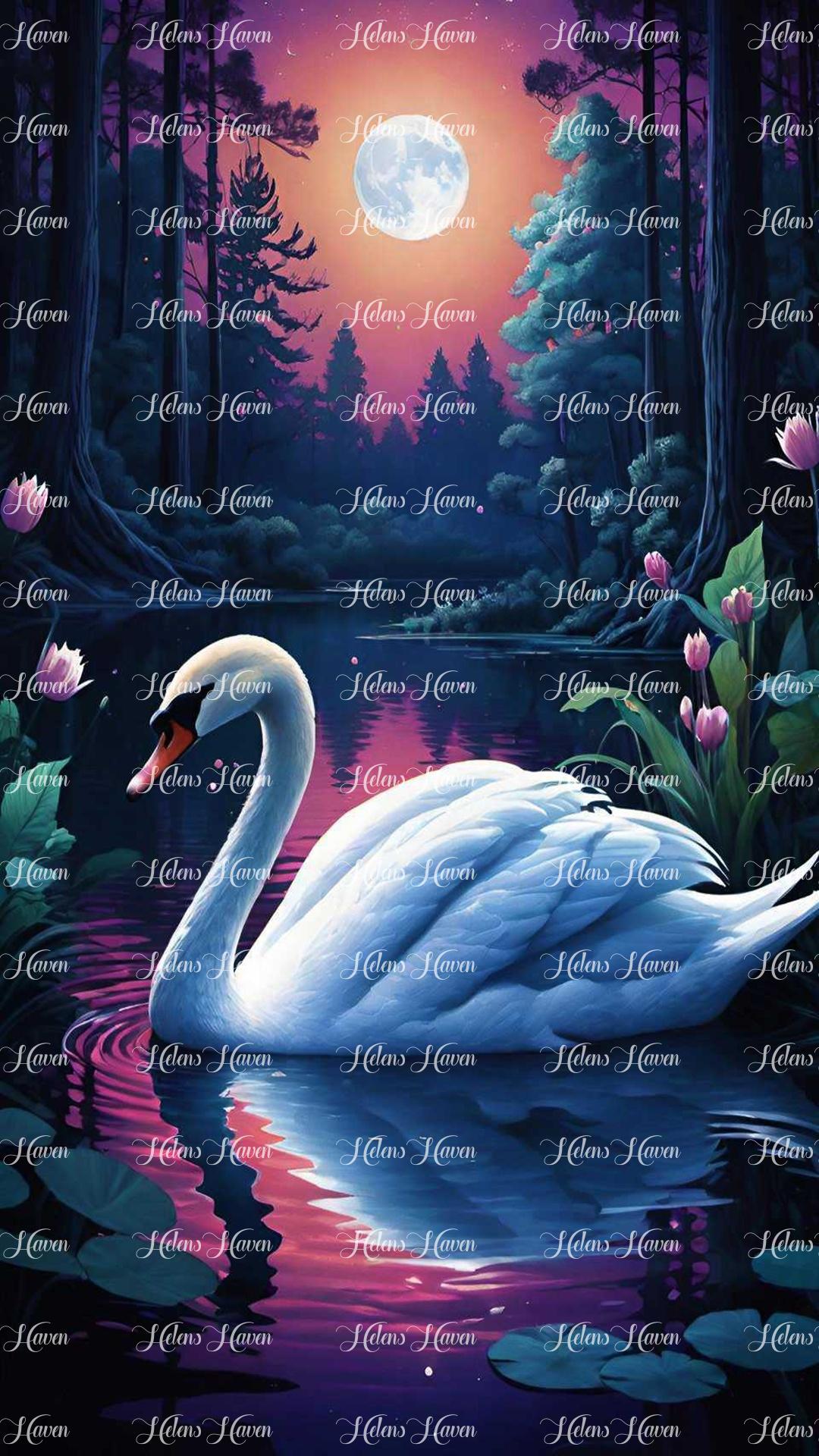 In the stillness of midnight, a stunning white swan glides gracefully across a serene pond, its feathers shimmering under the soft, silvery glow of the full moon. 