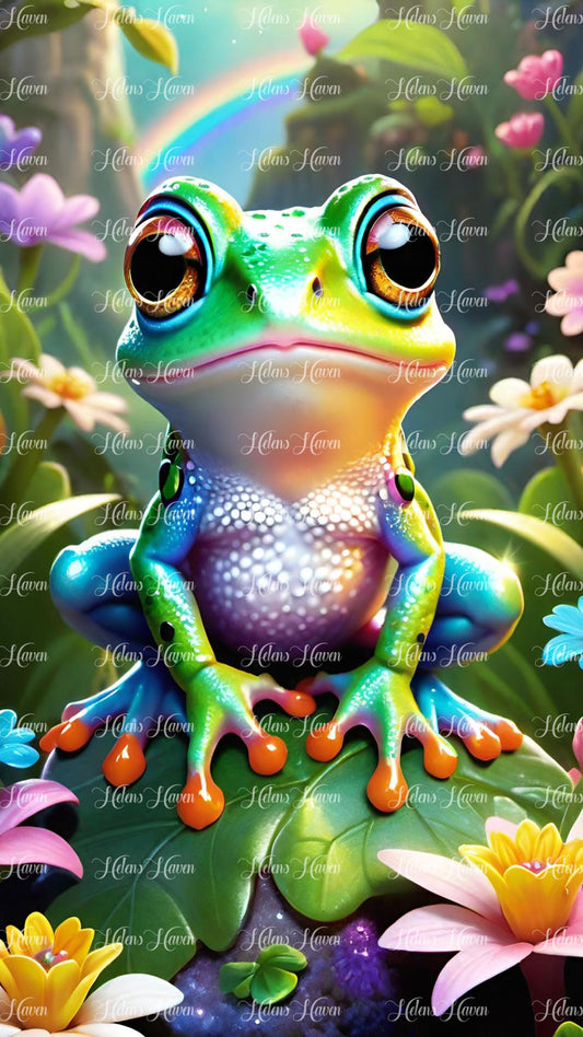 Cute green frog in flowers