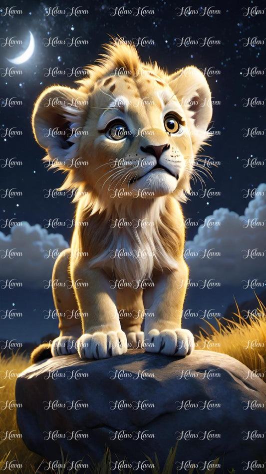 Under the vast expanse of a starlit sky, a young lion cub sits majestically on a weathered rock.