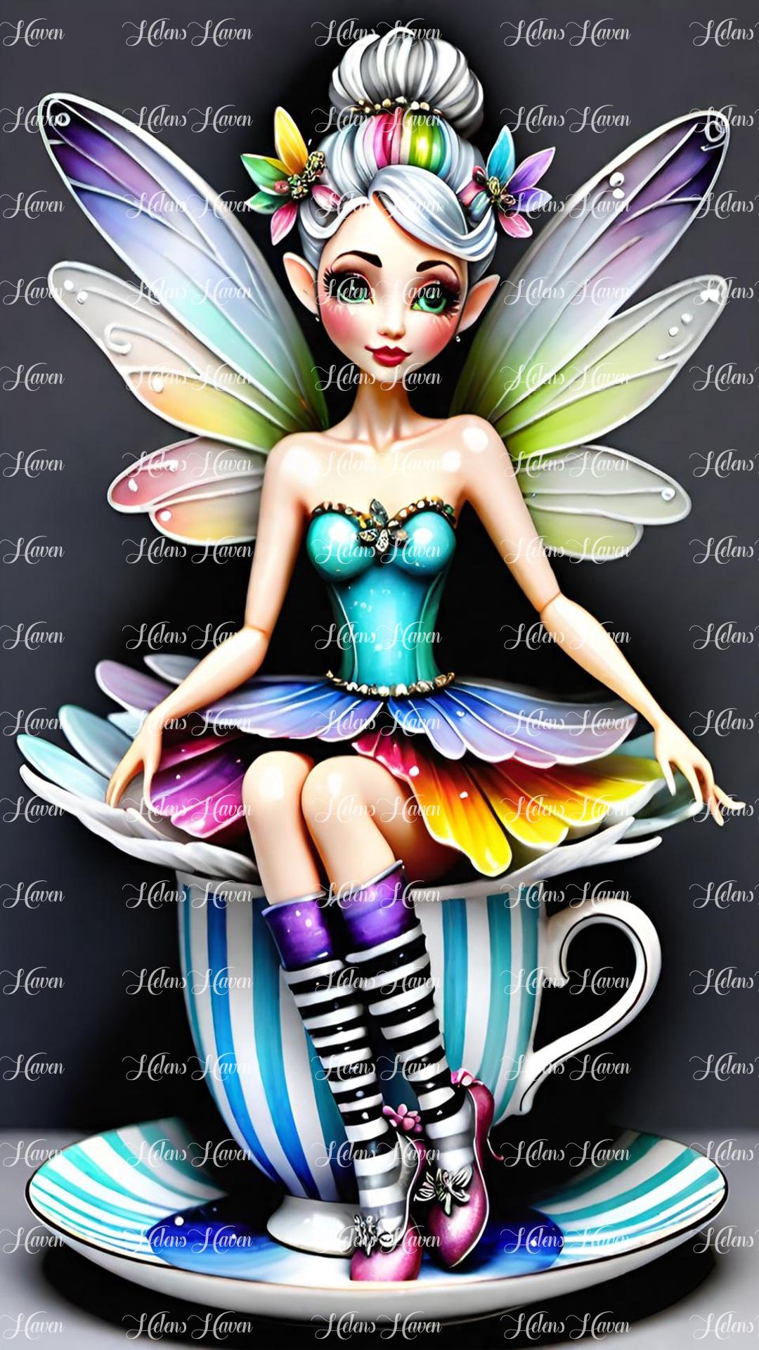 In a whimsical scene, a tiny fairy sits comfortably within the delicate confines of a teacup. 