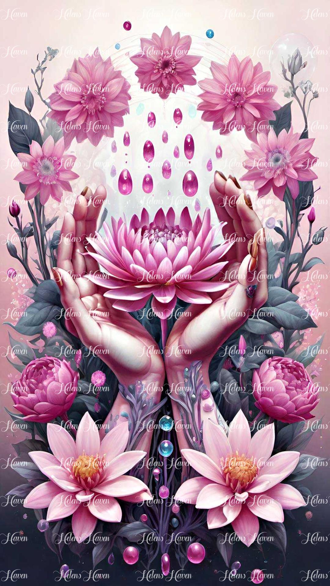 Healing hands, radiating a gentle aura, is surrounded by a delicate array of pink flowers, symbolizing peace and harmony.