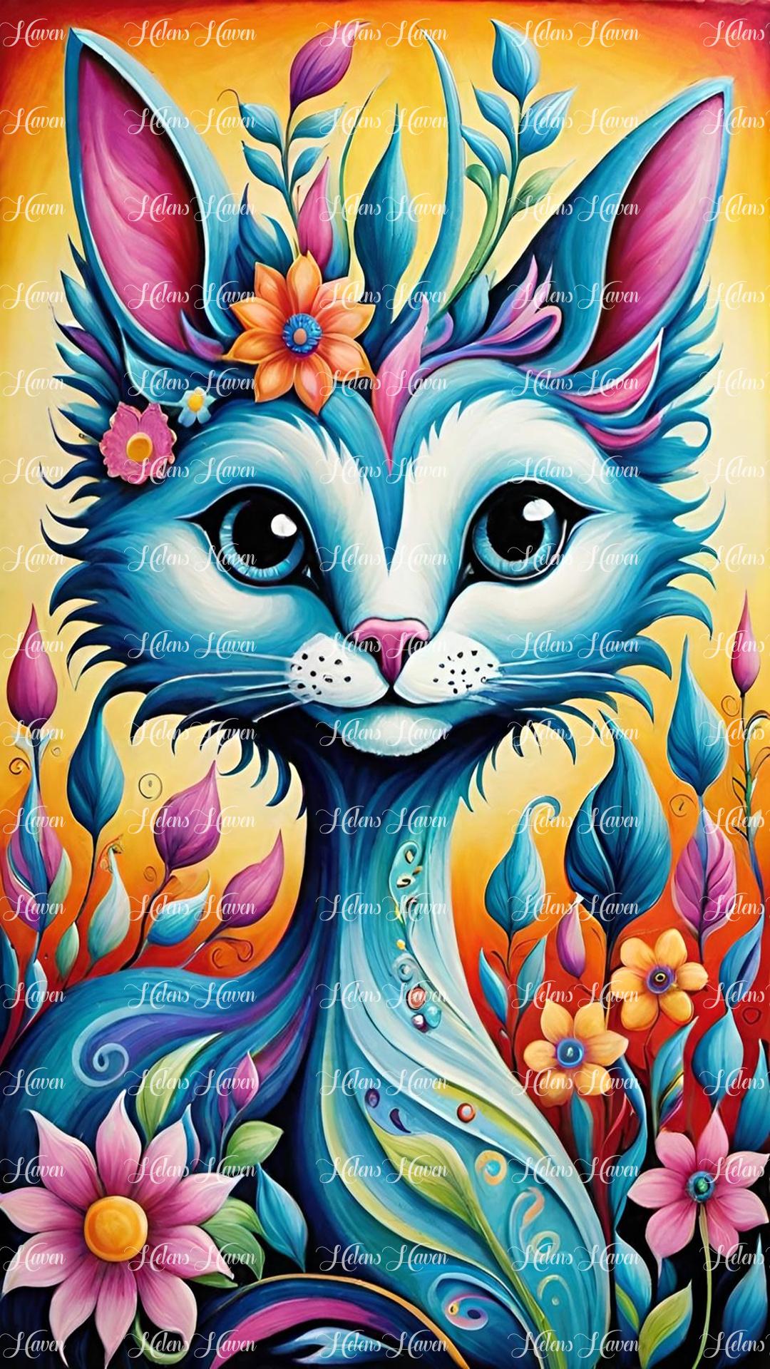 In a whimsical portrait, a cat is depicted with vibrant colors and playful swirls that bring the artwork to life.