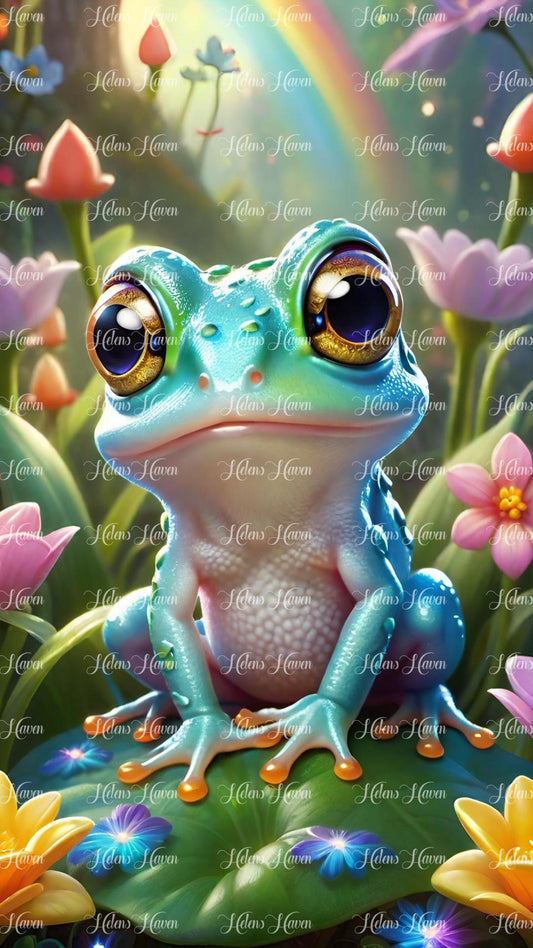 Cute teal frog in flowers and rainbow