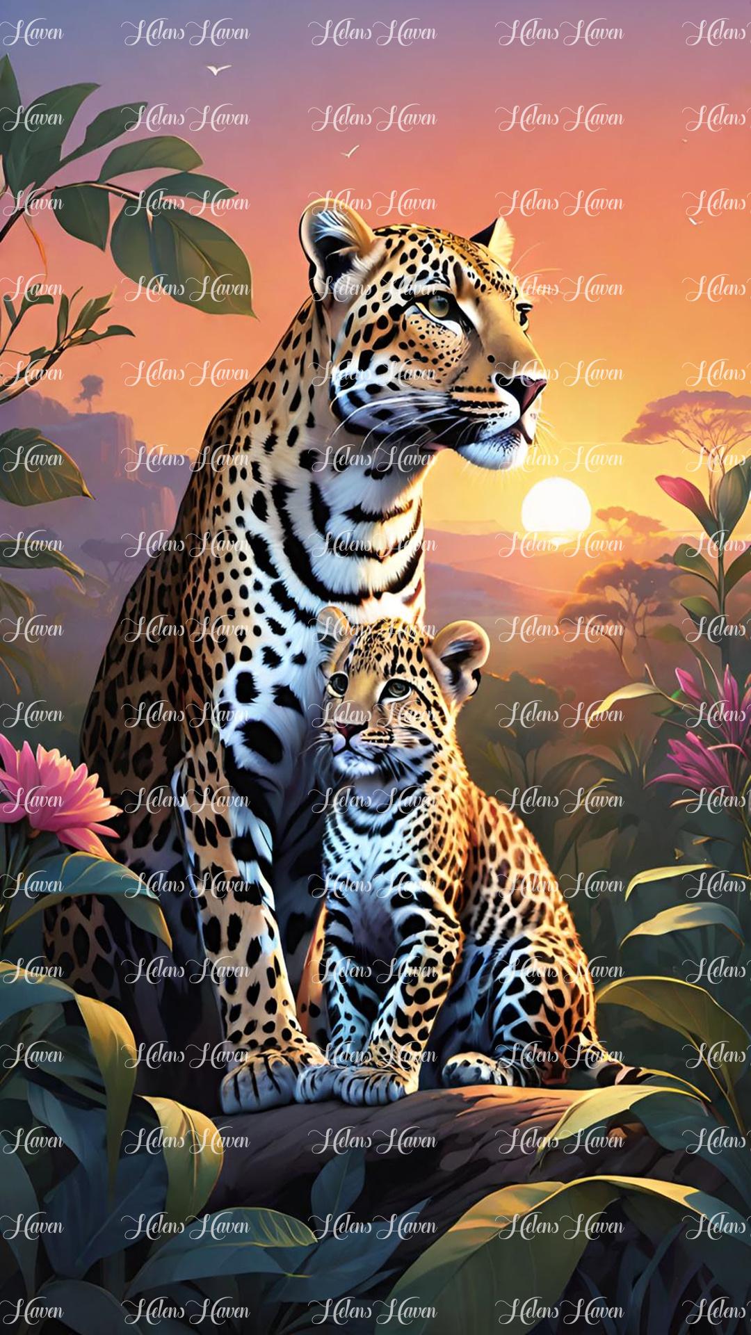 At sunrise, a mother and her young cub survey the forest from a high vantage point.