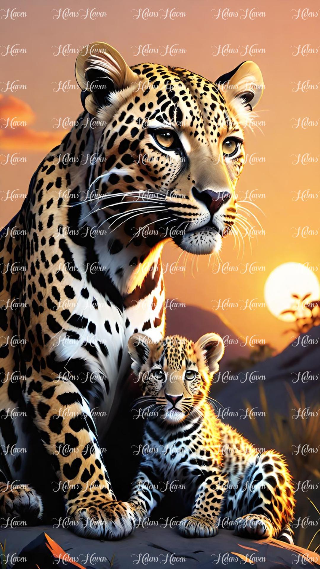 At sunrise, a young leopard cub sits closely beside its protective mother as she gazes out over the horizon